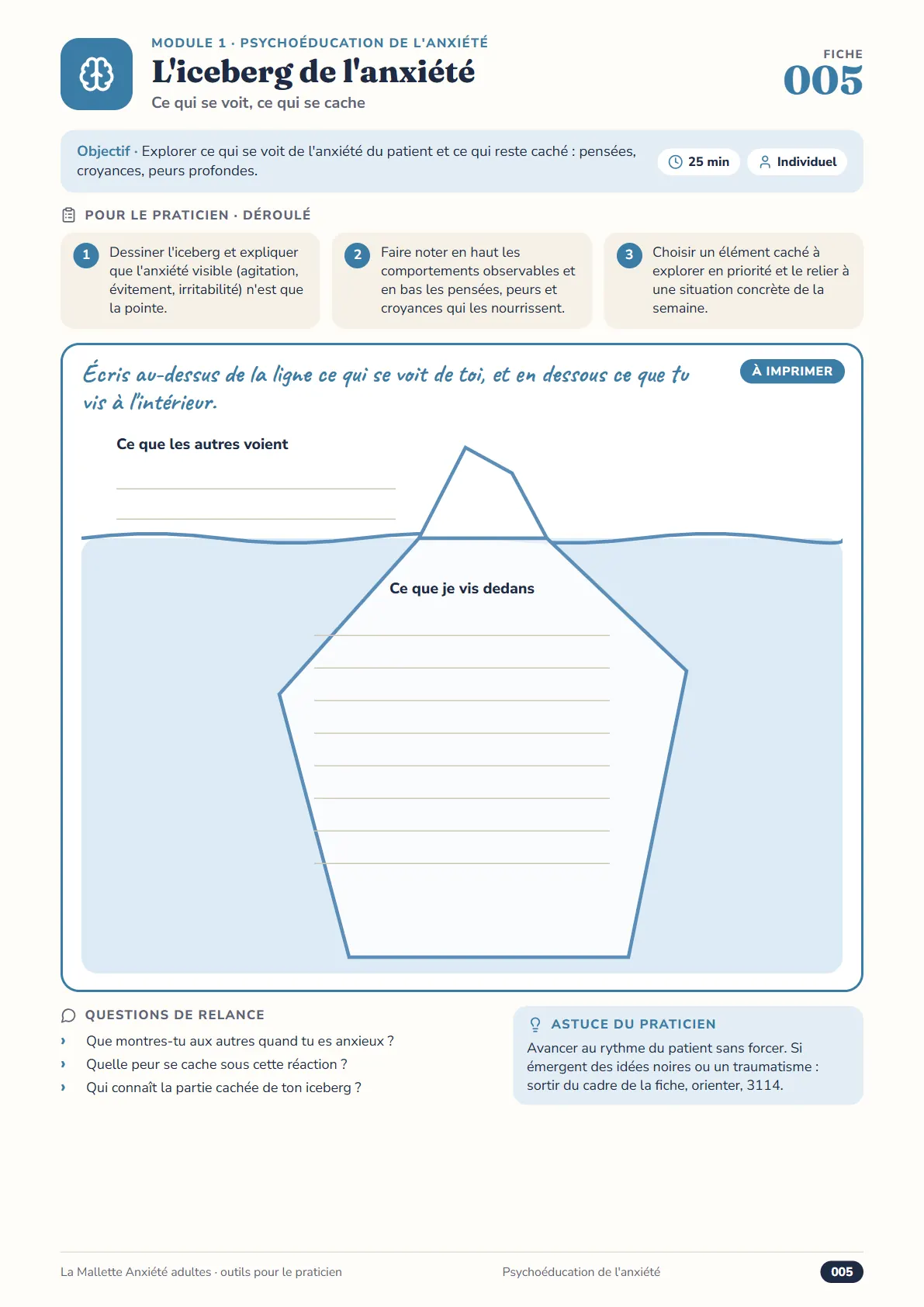 Fiche 005 L’iceberg de l’anxiété : déroulé en 3 étapes, iceberg à remplir, questions de relance, astuce du praticien