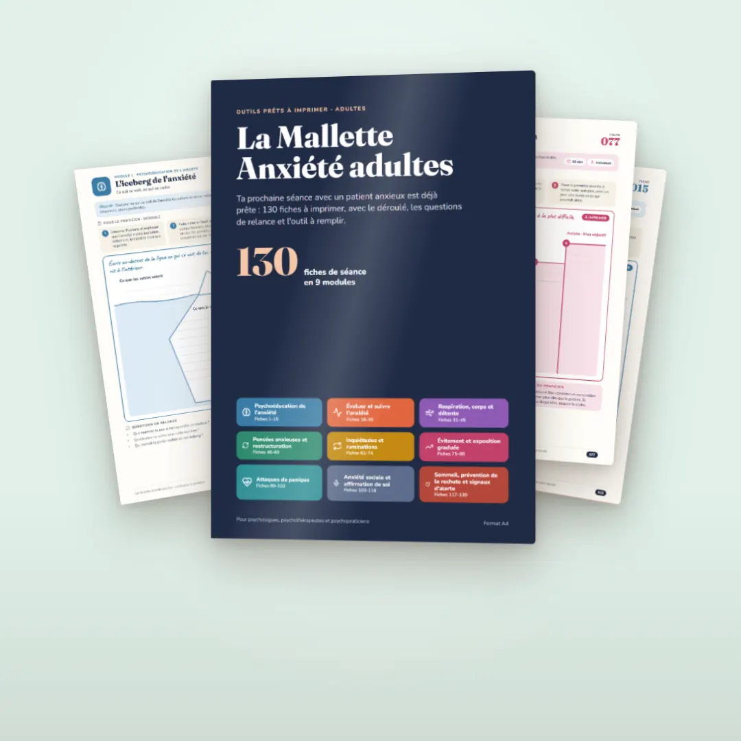 La Mallette Anxiété adultes : la couverture du PDF, 130 fiches de séance en 9 modules