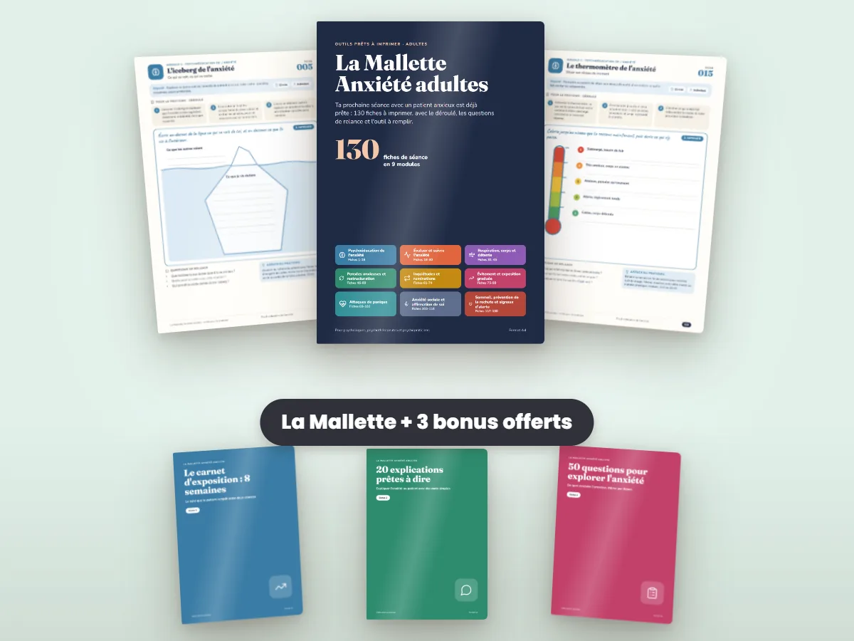 La Mallette Anxiété adultes : la couverture, deux fiches et les 3 bonus offerts